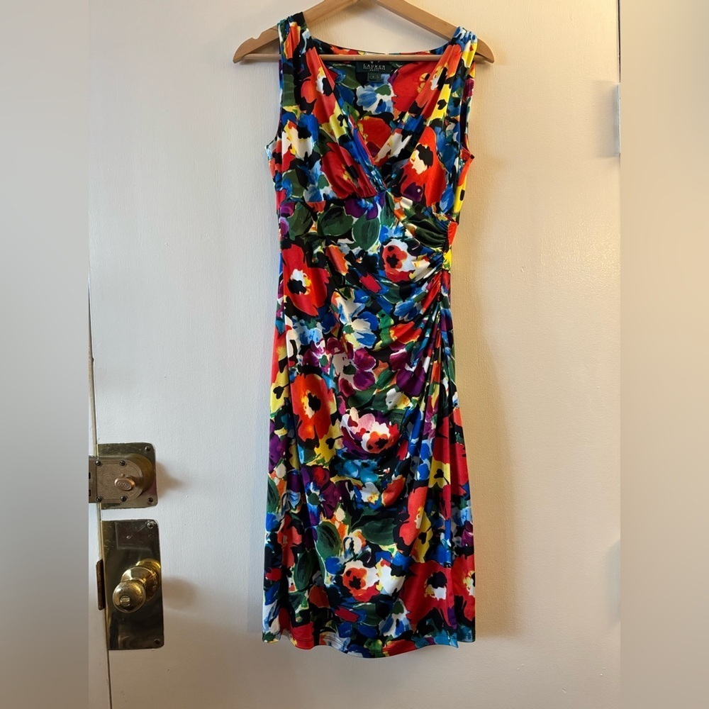Ralph Lauren Floral Watercolor Flower Explosion Ruched Dress Size 4